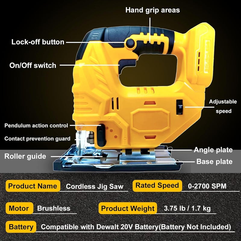 OXVIT Cordless Jig Saw Compatible with Dewalt 20V Battery, Brushless Jig Saw with 6pcs Blades, 4 Orbital Sets for Wood, Plastic and Metal Cutting (Tool Only, No Battery) - Image 2